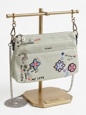 Desigual Light Green Floral Embroidered Chain Crossbody Bag